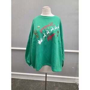 State of Mine Green Christmas Santa Reindeer Frequent Flyer Sweatshirt Women XXL